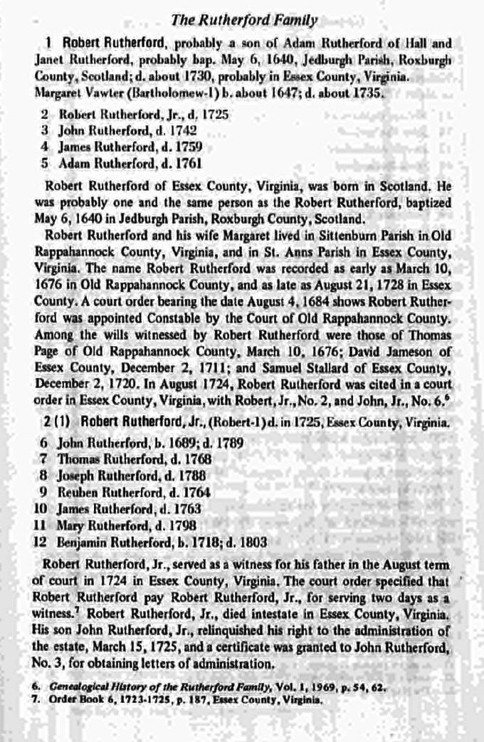 1969 WKR pedigree showing Robert Rutherford Sr. and Robert Rutherford Jr. lineage through Adam Rutherford of Hall.