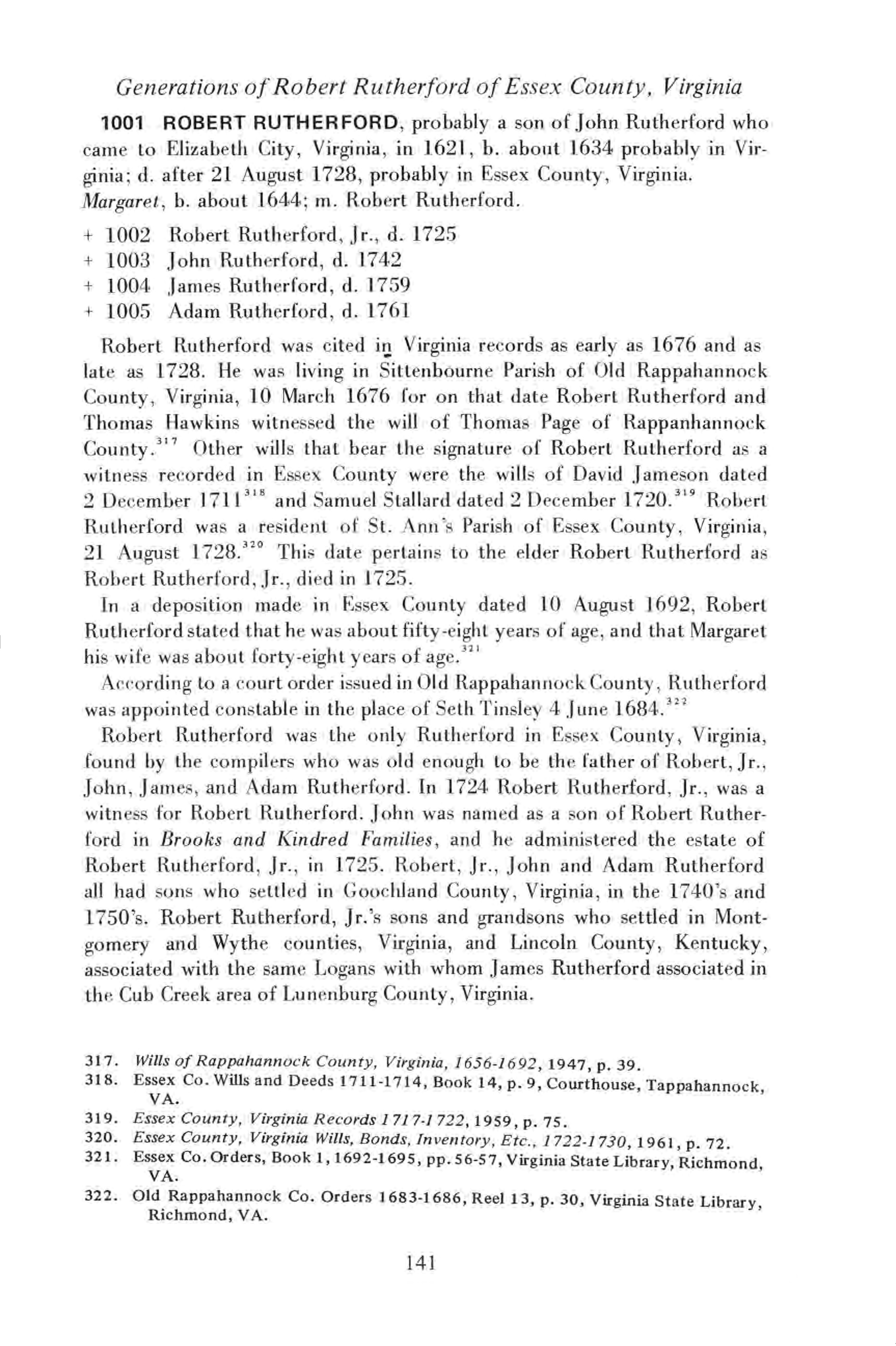 WKR 1986 edition entry for Robert Rutherford birth circa 1634 in Essex, Virginia.